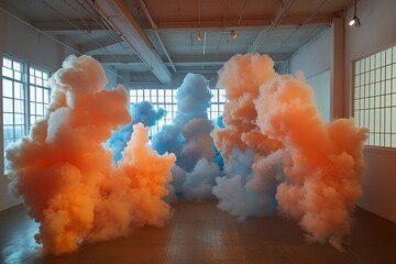 Ethereal Cloudscapes: Abstract Art Installation with Vivid Hues and Textured Smoke, Showcasing Indoor Atmospheric Effects