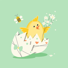 Easter egg with a cheerful chick inside holding a bouquet of spring flowers