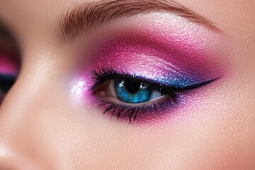 Obraz premium Close - up of a woman with vibrant full - color eyeshadow in pink, purple, and blue