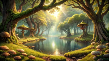 Fototapeta premium Enchanted Forest River Scene Giant Mushrooms, Mossy Trees, and Sunlight Filtering Through the Canopy