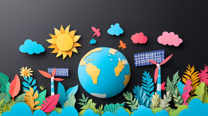Naklejka premium Explore a Vibrant World: Eco-Friendly Renewable Energy Journey with Nature's Colors and Interactive Elements for a Sustainable Future