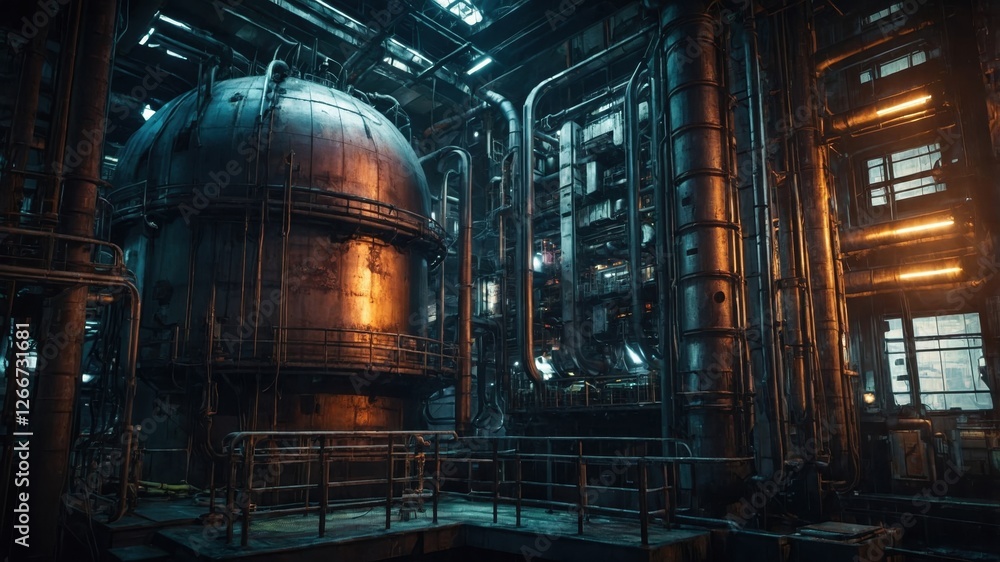 Poster futuristic atomic station interior showcasing advanced technology and unique architecture in a well-