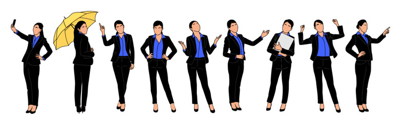 Set of Business woman character in different poses. Pretty young lady boss in formal suit standing front, side, back, rear view, pointing. Vector outline illustration isolated ontransparent background