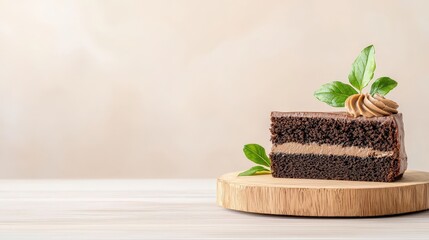 Delicious Chocolate Cake Slice with Cream and Herbs on Wooden Board