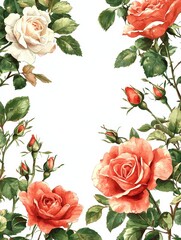 Rose border frame framing element on white background