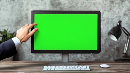 Hand interacting with green screen computer