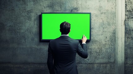Businessman interacting with green screen display.