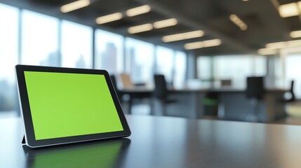 Tablet on modern office desk, green screen.