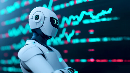 Robot program trader, advanced algorithm charts, futuristic financial interface, glowing data points