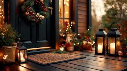 Cozy Christmas porch with wreath, lanterns, and lights