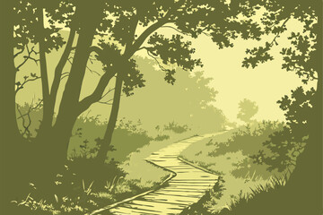 Naklejka premium A serene, sunlit forest path, framed by lush green foliage and tall trees, winding through the dense underbrush. The path is made of wooden planks, slightly worn and weathered, leading into the dis