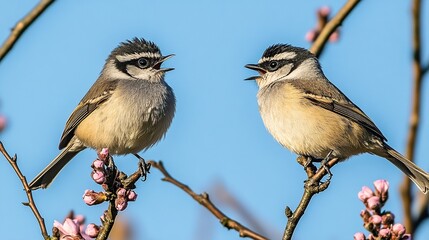Fototapeta premium Birds singing on flowering branch, spring sky