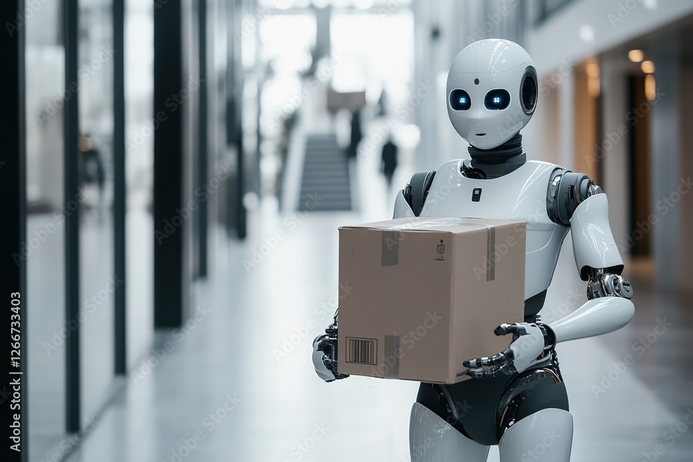 Poster robot delivers package efficiently in modern building, utilizing automation for logistics
