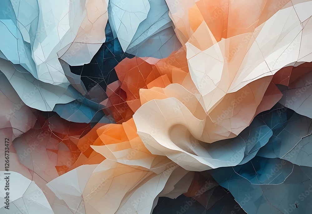 Poster geometric abstraction, warm and cool tones intertwined in fragmented form