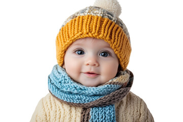 A baby wearing a knitted hat and scarf set Isolated on white background.