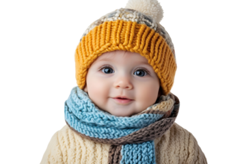 A baby wearing a knitted hat and scarf set Isolated on white background.