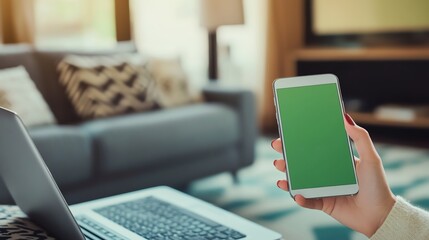 Woman holding phone, green screen, home office