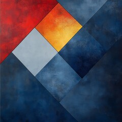 Abstract geometric background with vibrant colors and textured layers featuring red, orange, yellow, gray, and deep blue tones for artistic design use in modern spaces
