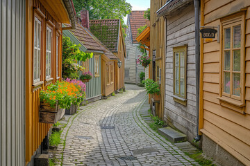 A charming, narrow street in the old center of Stavanger, Norway, lined with traditional wooden houses painted in soft, pastel colors