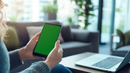 Woman holding phone with green screen.