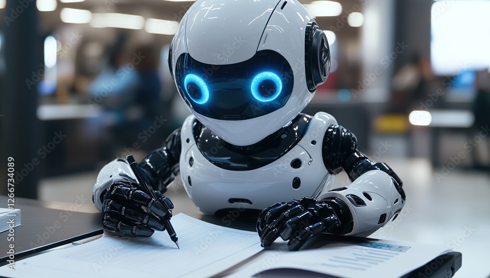 Poster advanced robot writes documents efficiently in modern office setting