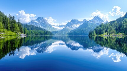 Fototapeta premium Majestic snow-capped mountains and green pine forests reflect symmetrically in the calm blue water of a serene alpine lake under a clear sky.