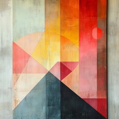 Fototapeta premium Abstract geometric art composition featuring vibrant colors, shapes, and forms with a circular motif and layered triangular designs on a textured background