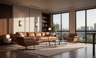 Fototapeta premium Sophisticated office lounge with modern leather chairs, a sleek wooden coffee table, and soft plush rugs. Task lighting is focused on the work