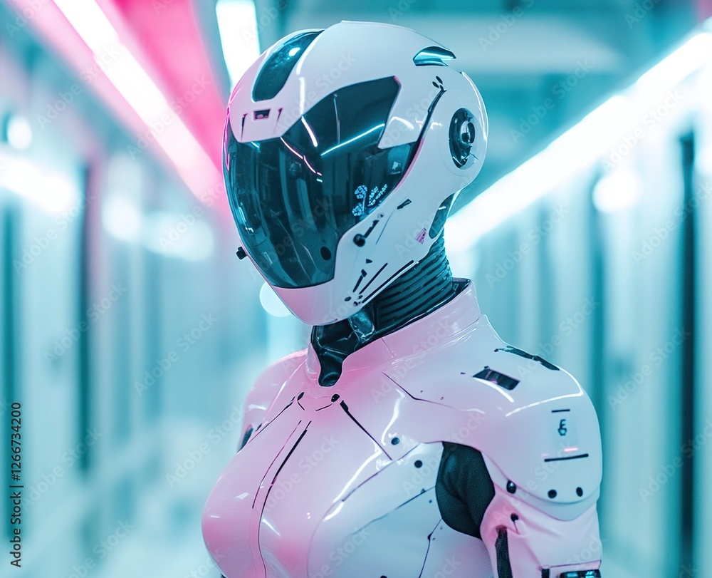 Poster futuristic robot design: exploring advanced robotic aesthetics in a neon-lit corridor, showcasing cu