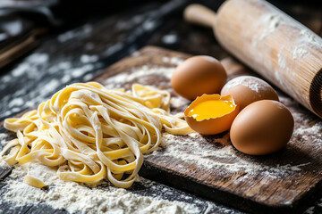freshly made pasta dough being rolled out, with strands of fettuccine arranged on a wooden cutting board dusted with flour. Golden egg yolks rest in a small pile of flour
