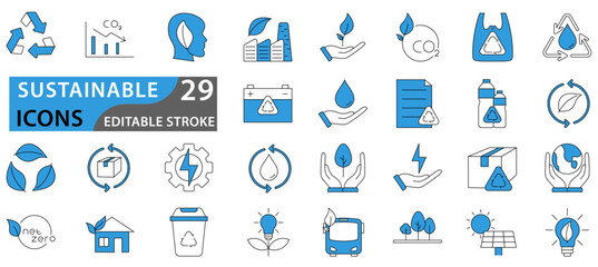 Sustainable icon set. Collection of renewable energy, ecology and green electricity icons. green energy icons. Vector illustration.
