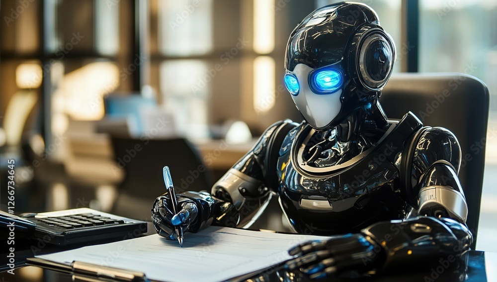 Poster advanced robot efficiently completes office tasks with precision and speed in modern workplace
