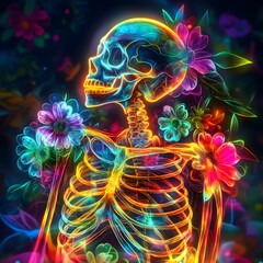 Skeleton with colorful neon accents surrounded by flowers and artistic elements in a digital setting