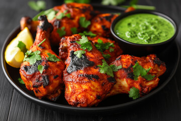 Fototapeta premium A juicy, perfectly charred tandoori chicken served on a black ceramic plate. Indian food. 