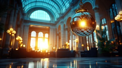 Obraz premium Ornate Glass Orb, Hanging, Grand Hall, Sunrise Reflections