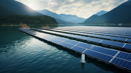 Renewable Energy or Power Generation Methods with solar showing floating solar panels on a serene lake, maximizing efficiency,