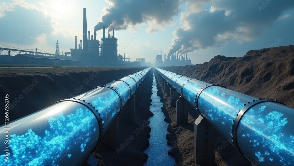 Poster innovative carbon capture technology displayed through pipelines transporting captured carbon from i