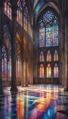Obraz premium Cathedral Interior with Vibrant Stained Glass Windows
