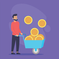 Man with beard pushing cart filled with gold coins against purple background. Finance and prosperity concept