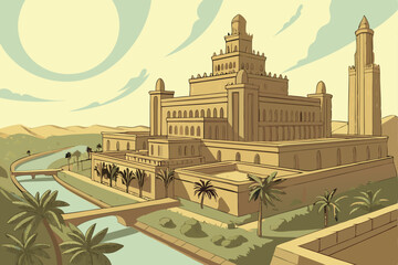 Fototapeta premium A highly detailed, photorealistic illustration of a massive, ancient cityscape, with intricate architecture and a vast network of canals and waterways. The city is built in a warm, golden-brown col