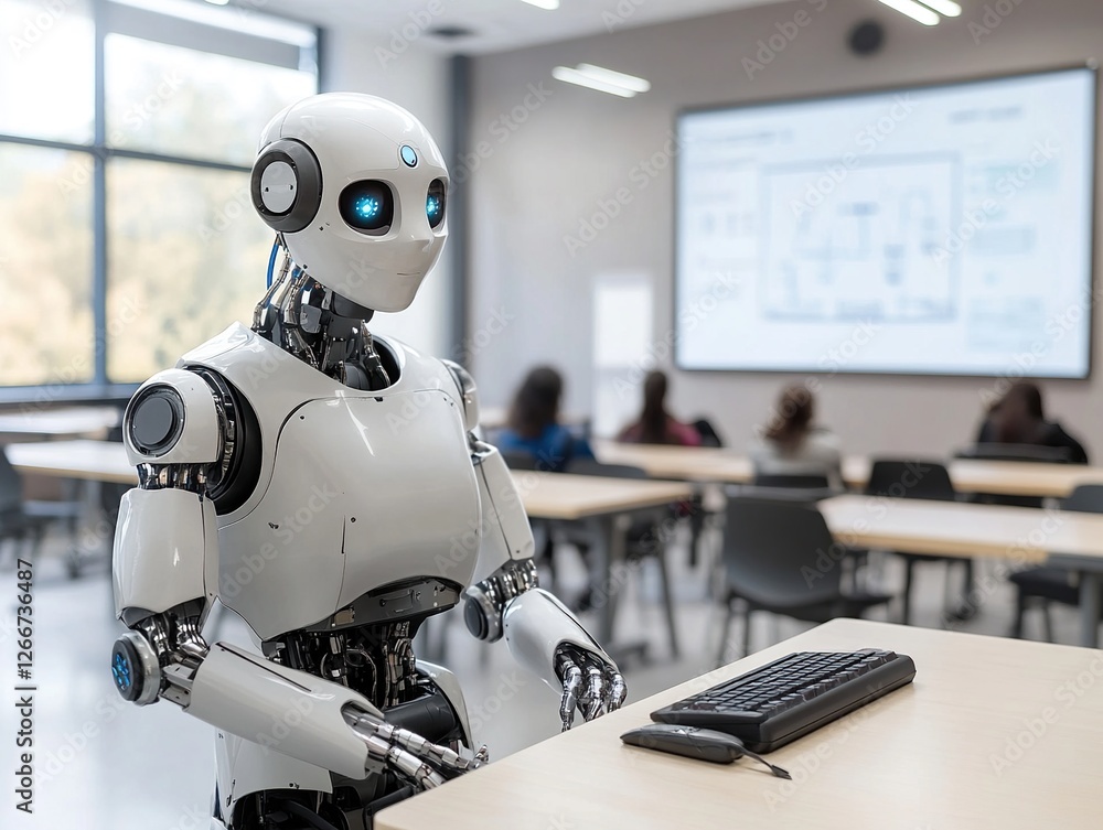 Poster advanced robot uses technology in classroom setting, improving education with ai assistance.