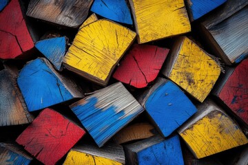 A vibrant stack of painted wood logs in red, yellow, and blue, showcasing a striking color contrast and texture.