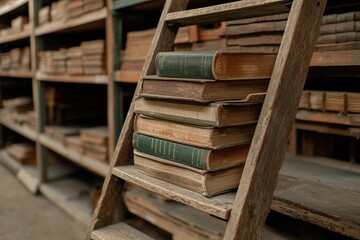 Fototapeta premium old library, a stack of books on the floor or table next to a wooden staircase in front of a brick wall. Books of different sizes and colors. education. reading and studying literature