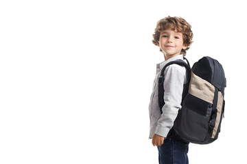 A little boy in a school uniform carrying a large backpack Isolated on white background.