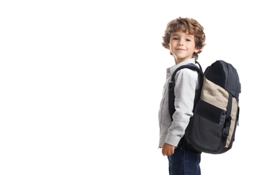 A little boy in a school uniform carrying a large backpack Isolated on white background.