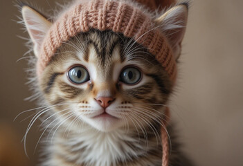 Adorable kitten in a knitted hat
