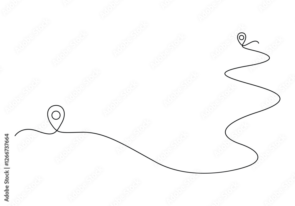 Poster continuous one line drawing of path and location pointers pin road icon journey marker vector illust