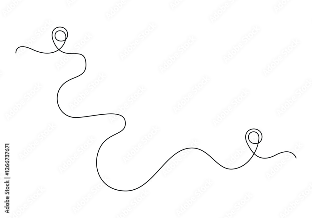 Poster continuous one line drawing of path and location pointers pin road icon journey marker vector illust