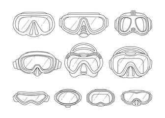 Diver mask doodle outline set collection, Set of Diving Equipment Snorkeling Masks, Scuba Diver Tools, Underwater Glasses, Mouthpiece Tube for Swimming accessories isolated on white background.