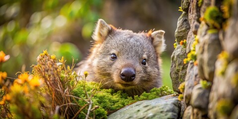 Fototapeta premium A curious young marsupial peering from behind a mossy stone wall in a sun-drenched natural habitat